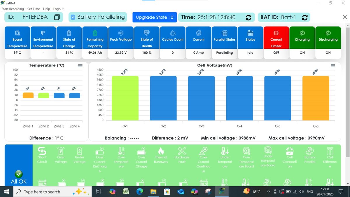 Battery BMS app showing state of charge, remaining capacity, cell voltages, paralleling status and thermal runaway protection flags